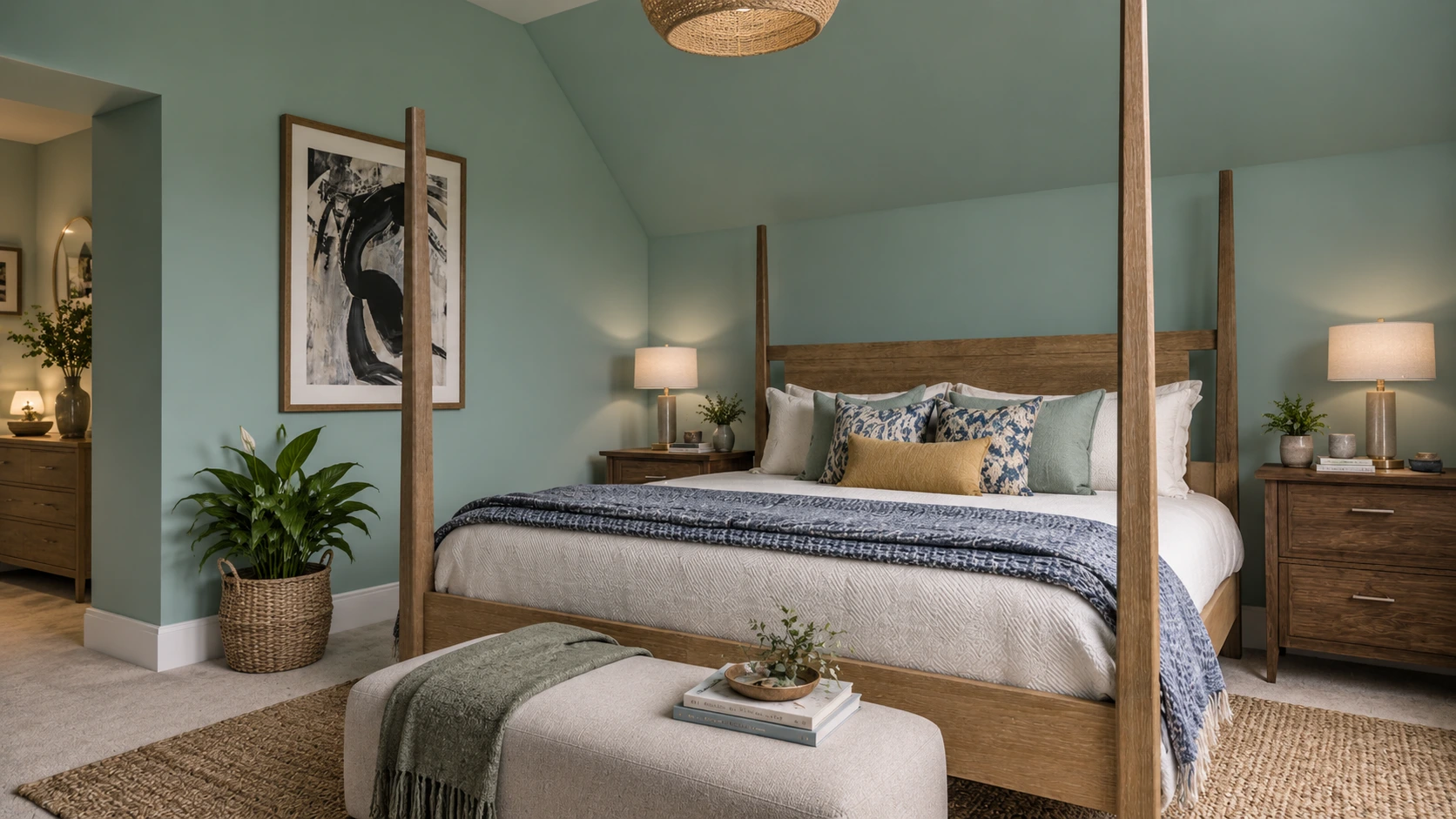 Elegant bedroom with muted green walls, oak four-poster bed, natural textures and soft furnishings