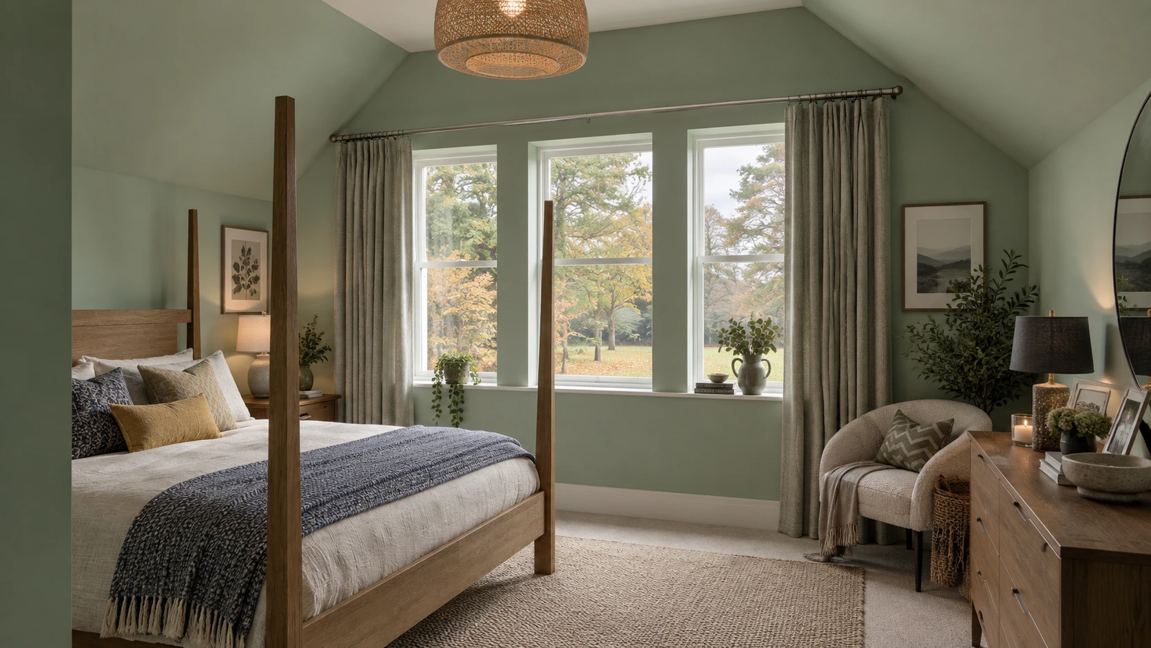 Serene master bedroom with oak furniture, green walls, sash windows and views over mature