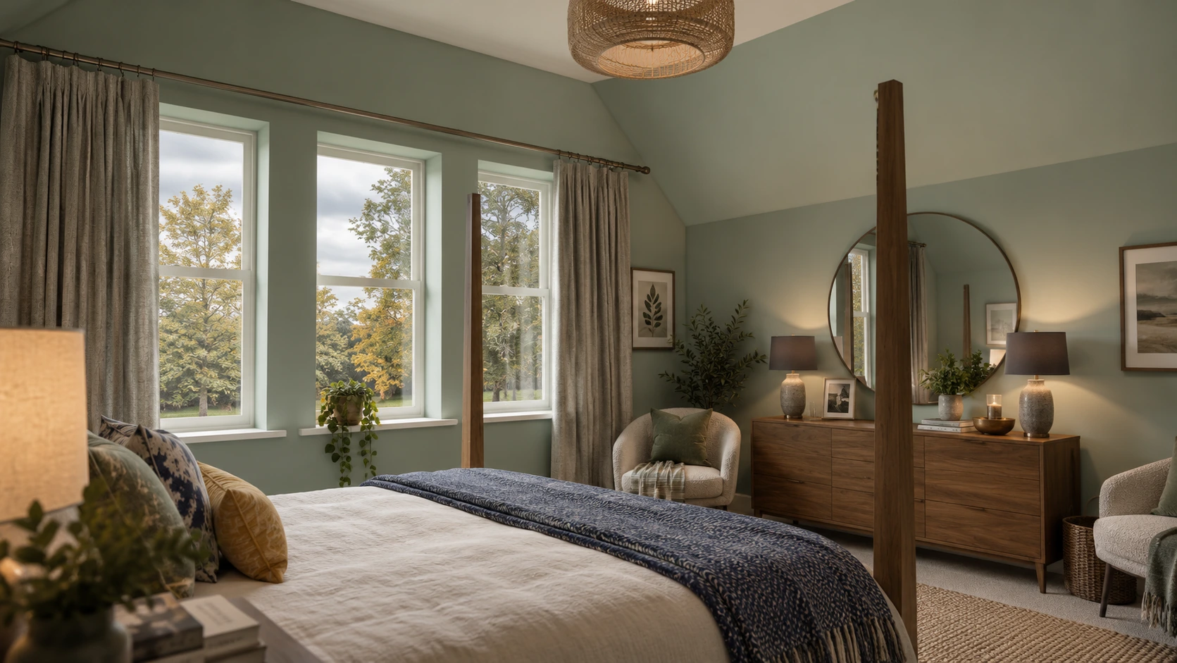 Elegant green bedroom with an oak four-poster bed, layered textiles, timber furniture and views through sash windows
