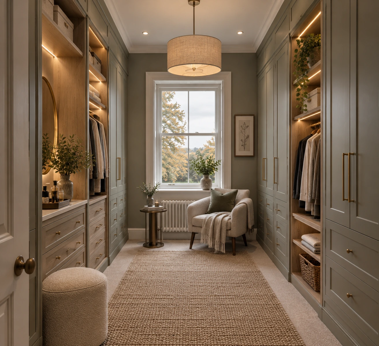 Bespoke dressing room with fitted wardrobes, illuminated open shelving, upholstered seating and a sash and case window