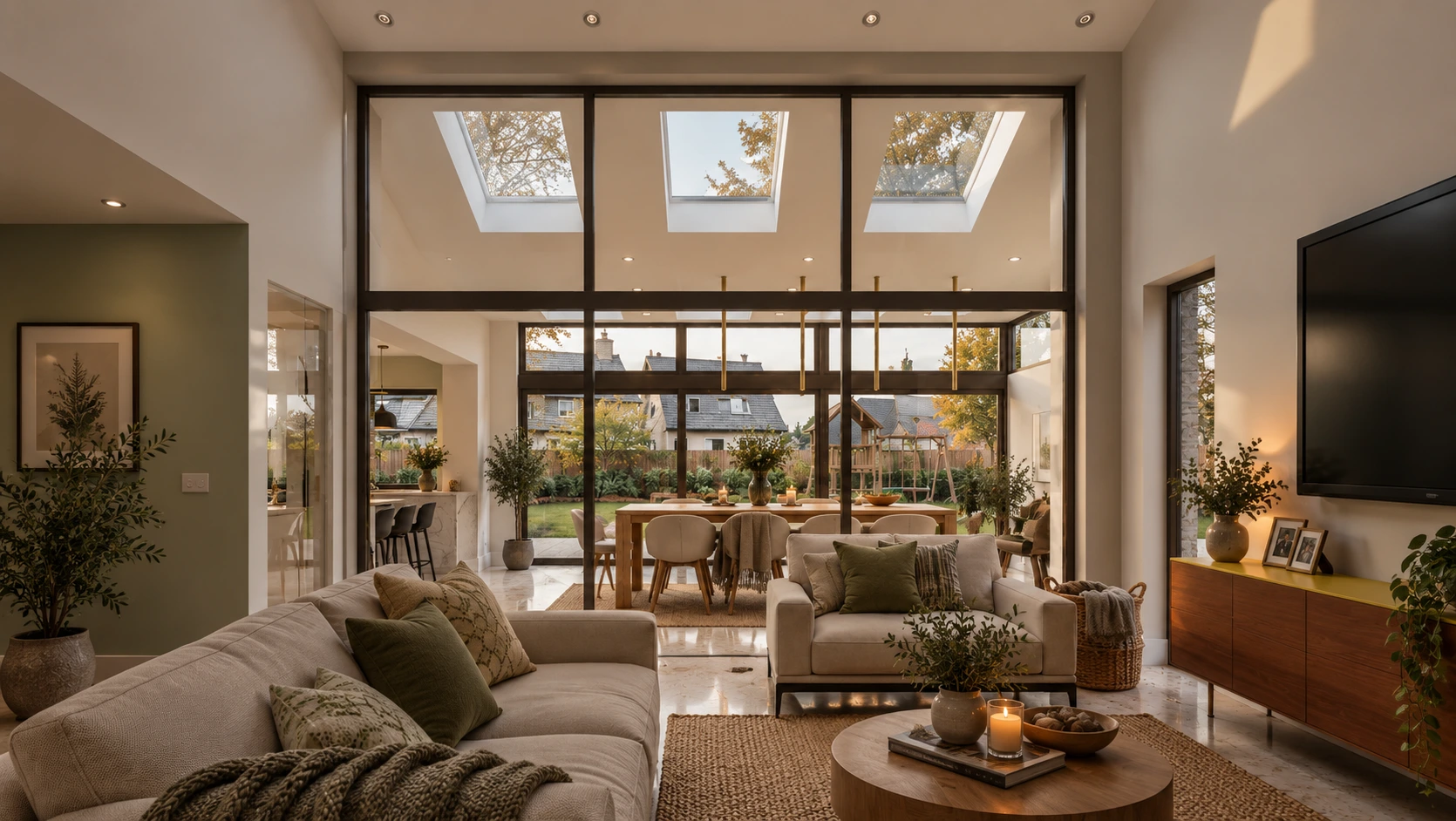 Modern open-plan living room with glazed extension, skylights and views towards the landscaped rear garden