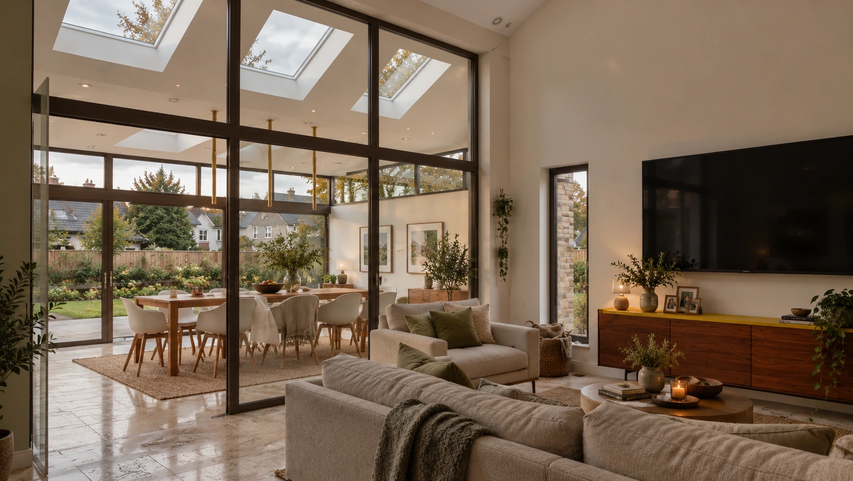 Open-plan living and dining space connected by a full-height glazed extension with rooflights and garden views
