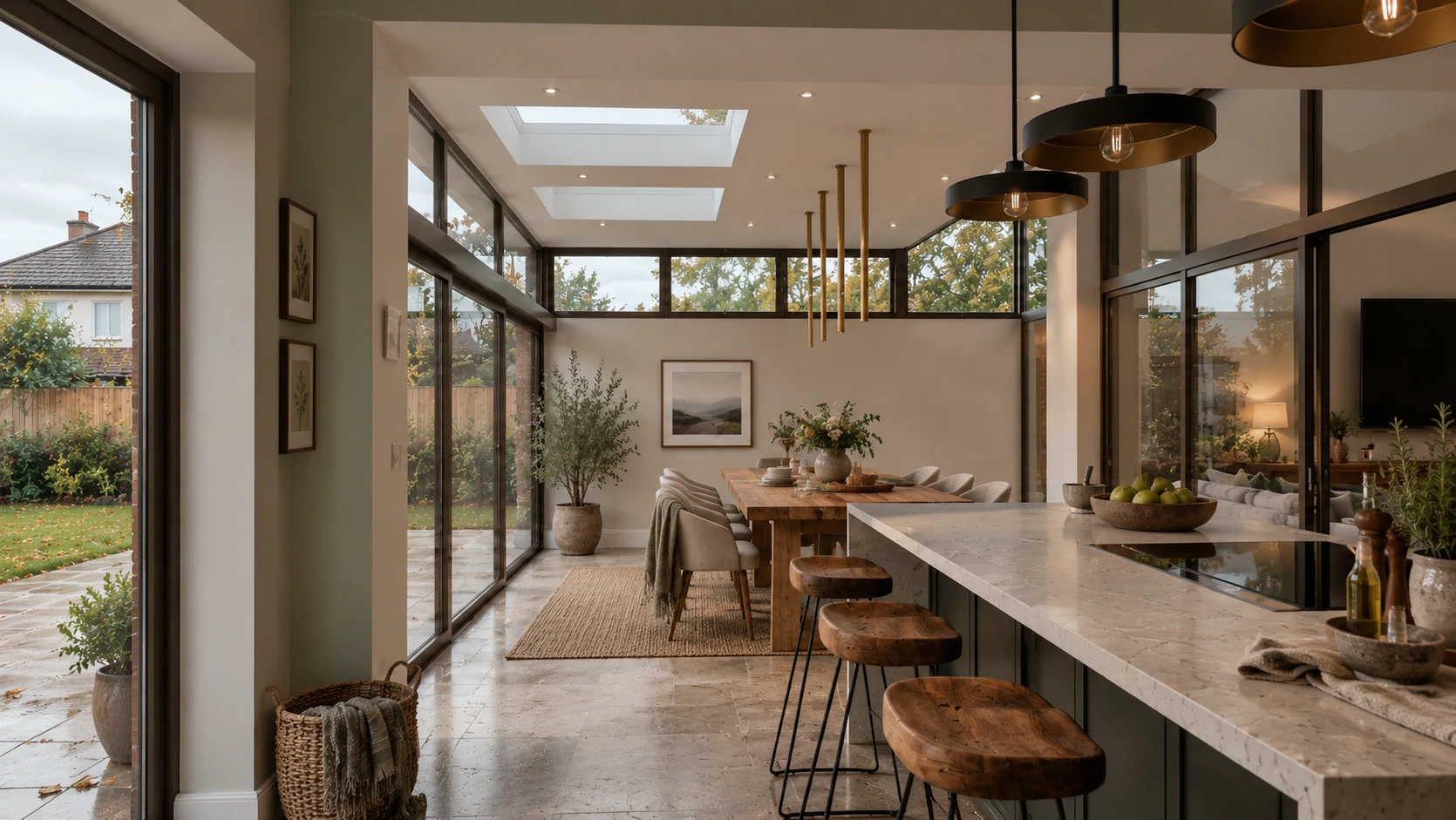 Contemporary kitchen and dining area within a light-filled rear extension with rooflights, timber stools and garden views