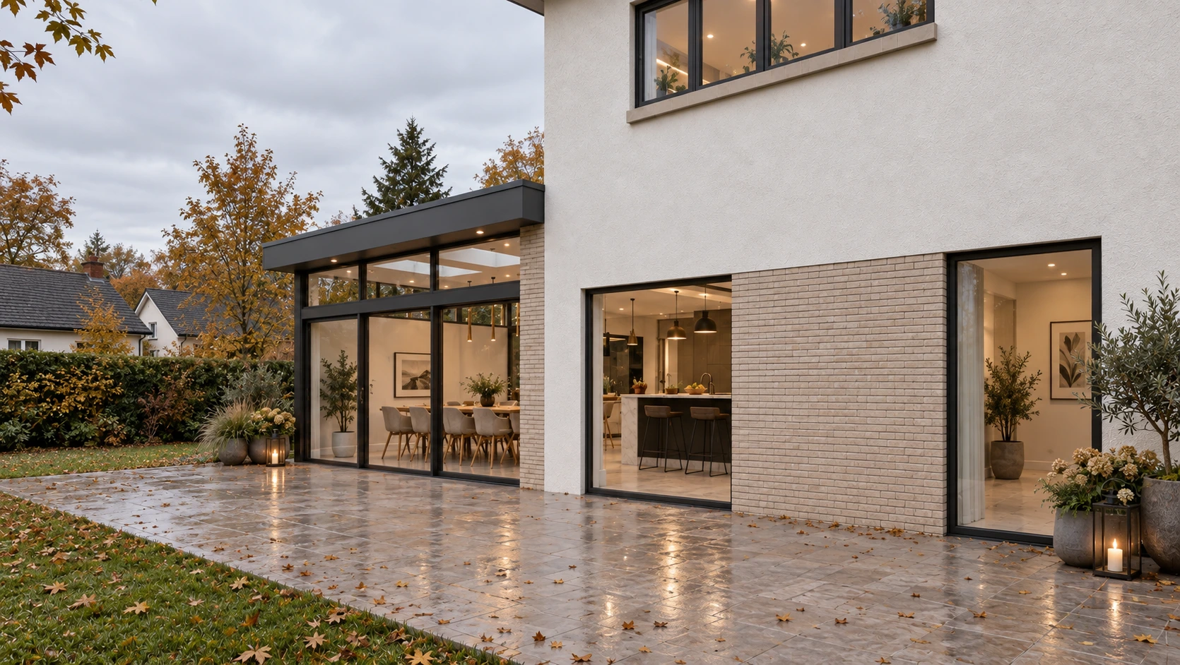 Rear elevation of a modern house extension with full-height glazing, pale brickwork, rendered walls and landscaped garden