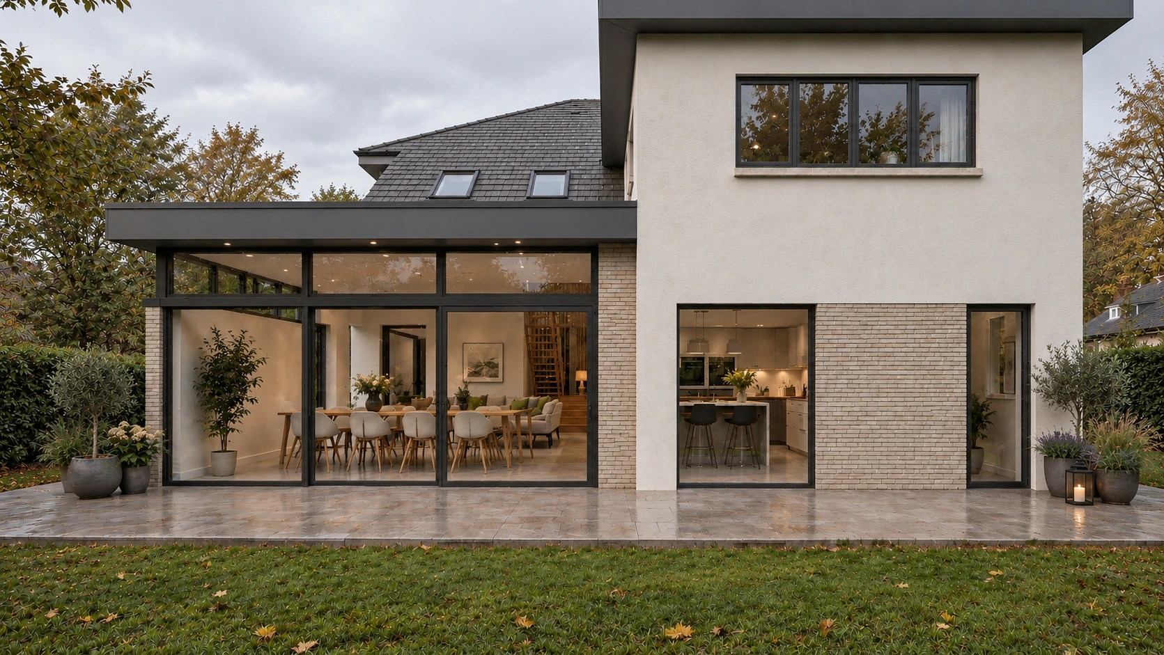 Rear view of a contemporary glazed extension creating a new open-plan kitchen and dining space overlooking the garden
