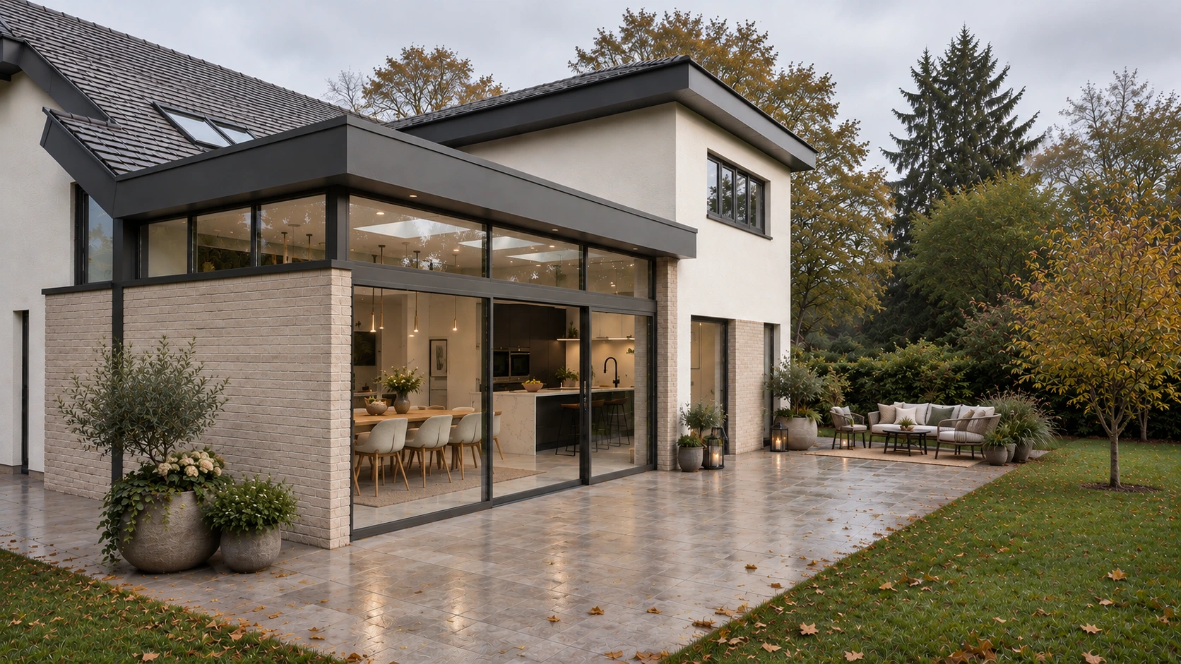 Contemporary rear extension with extensive glazing, pale brickwork, dark roof detailing and landscaped garden seating