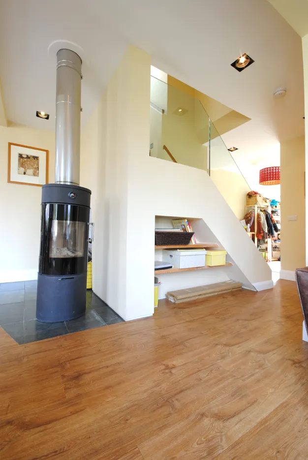 Allison Architects Hamilton Extension and Loft Conversion stove and stair view
