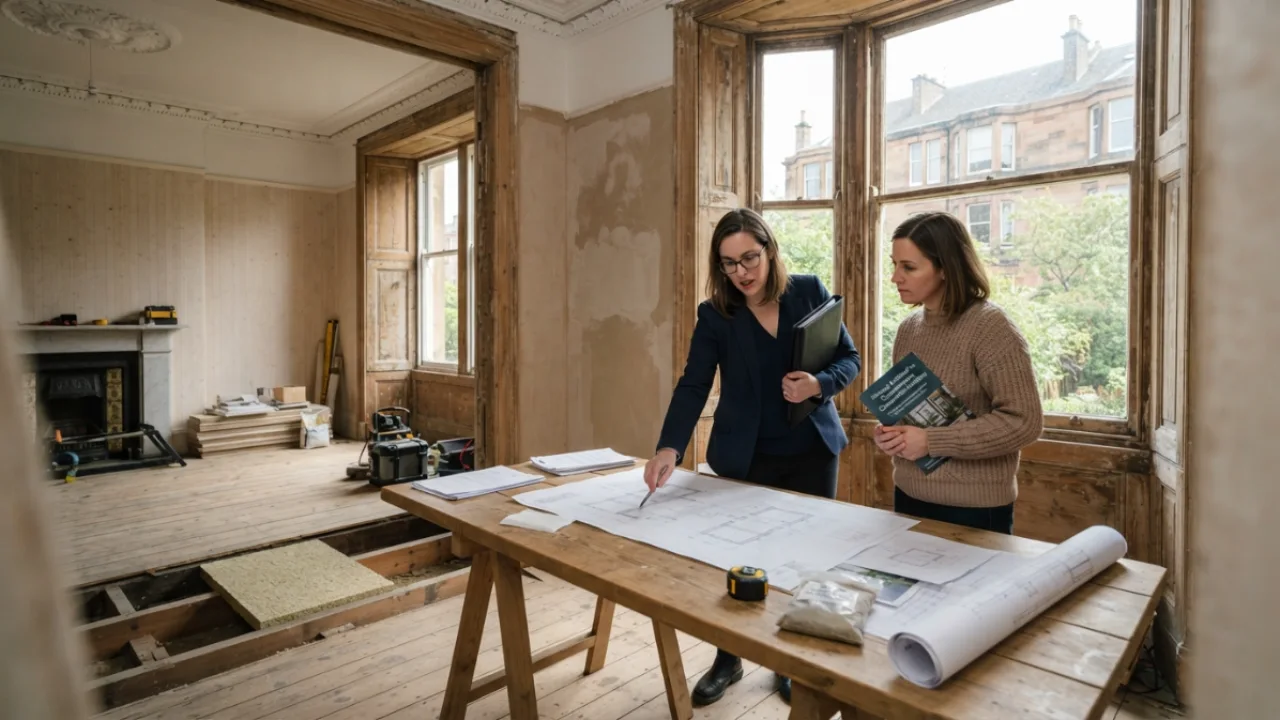 An architect for period property renovation reviewing blueprints inside a historic heritage home.