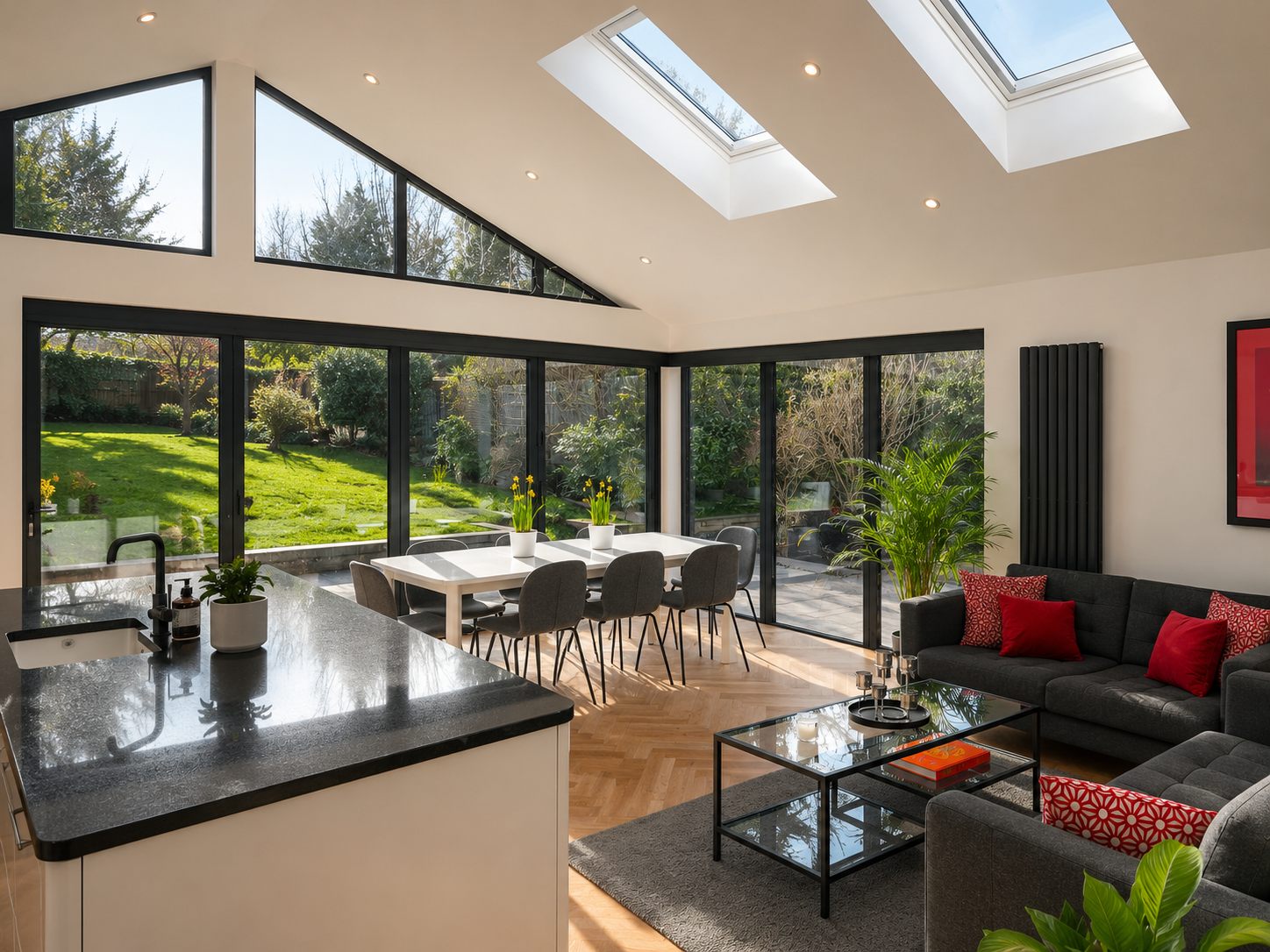 Contemporary kitchen and dining area within a single-storey extension to a traditional Glasgow home