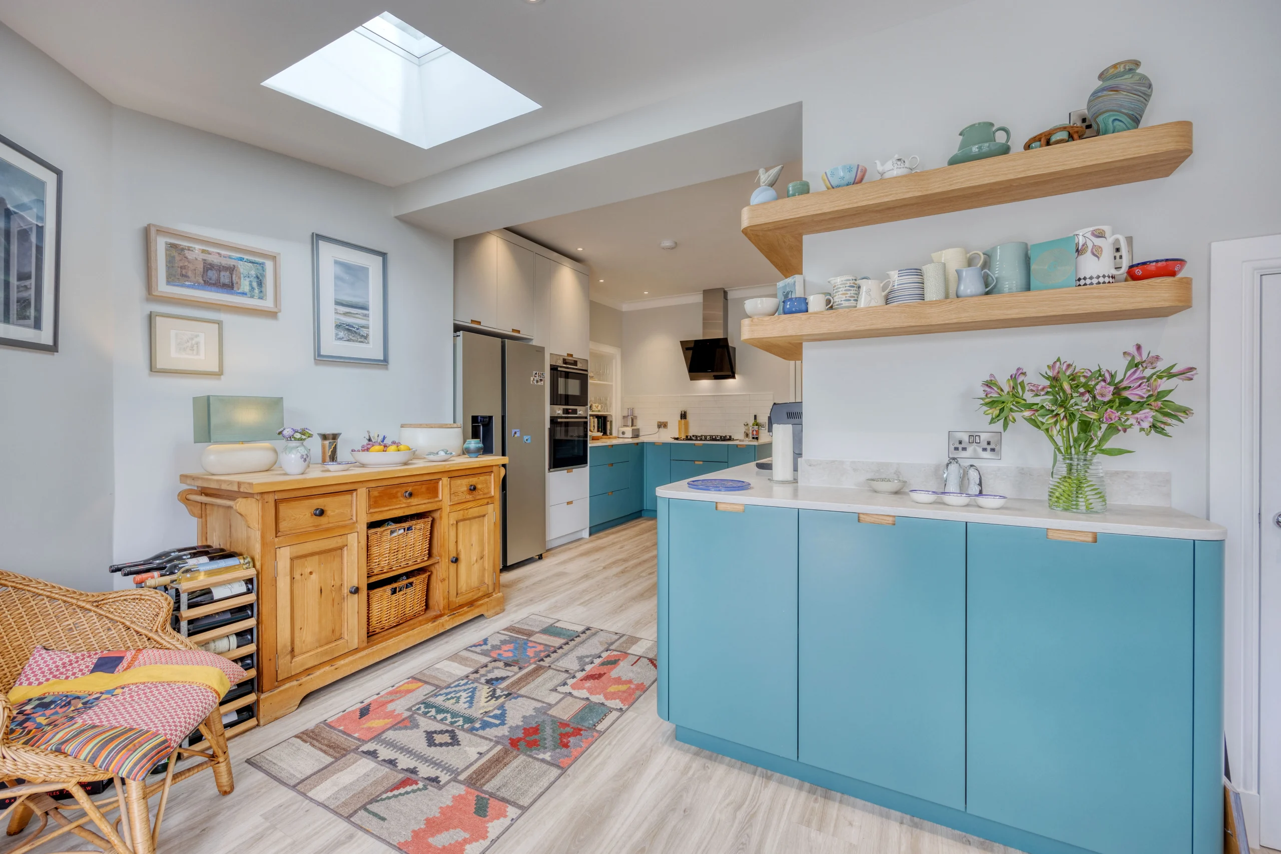 Bright open-plan kitchen and dining space with rooflight in a Glasgow house extension