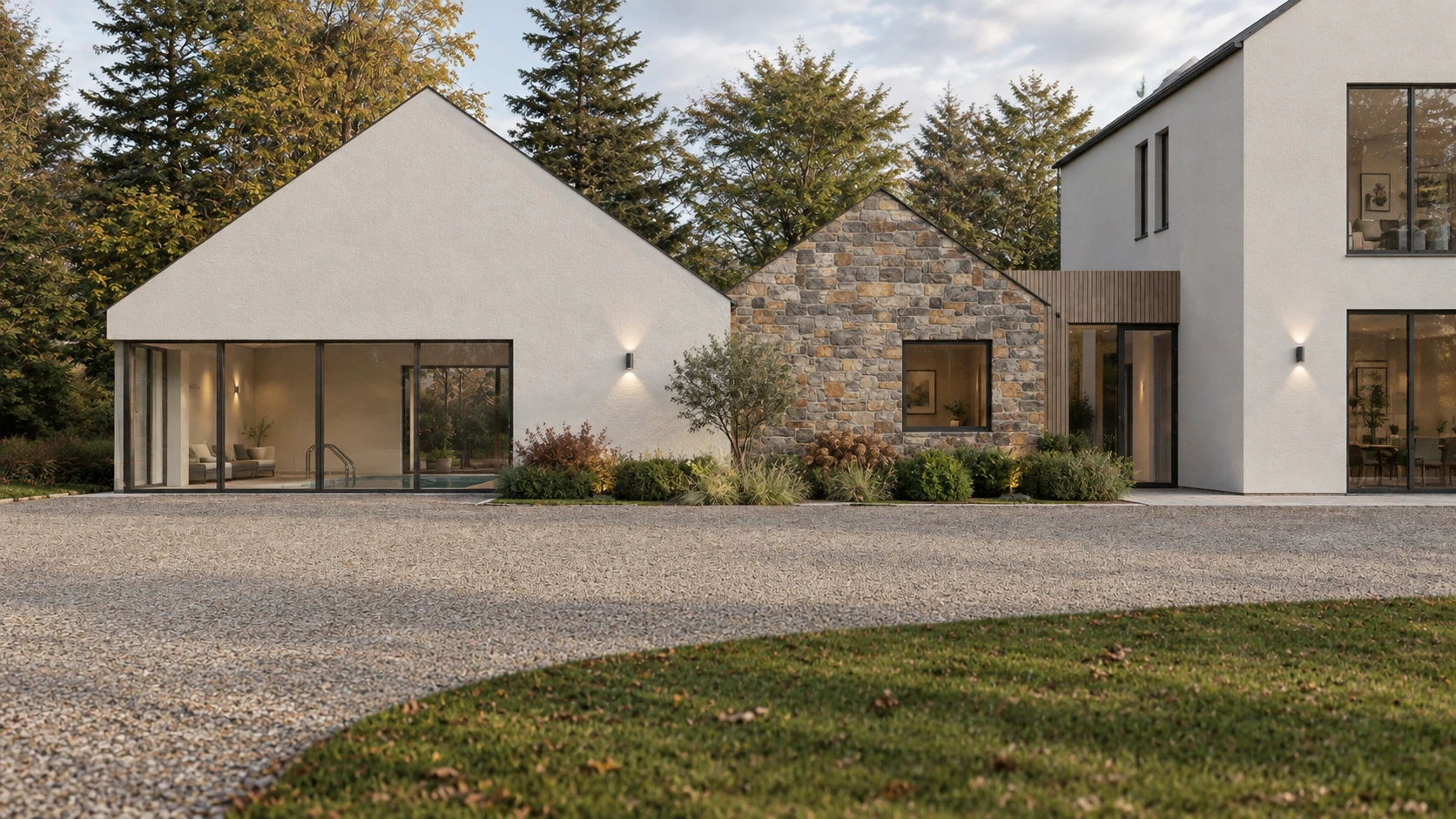 Contemporary country house in West Lothian combining white render, natural stone and extensive glazing