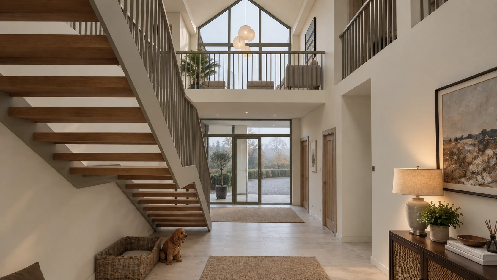Contemporary staircase and double-height entrance hall within a new-build country house in West Lothian