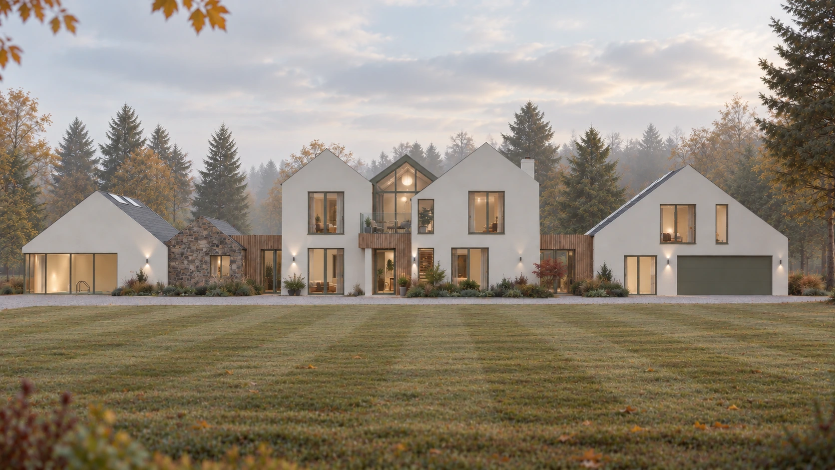 Double-height glazed gable forming the entrance and central circulation space of a new-build country house
