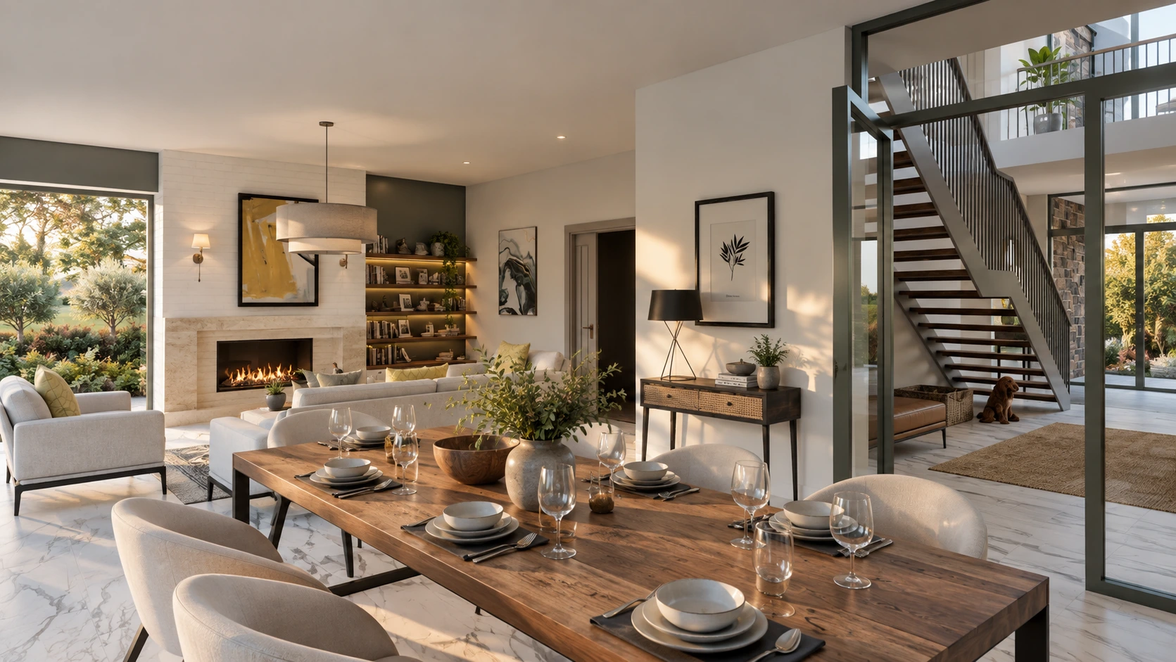 Open-plan living and dining space with large windows connecting the new home to the surrounding landscape