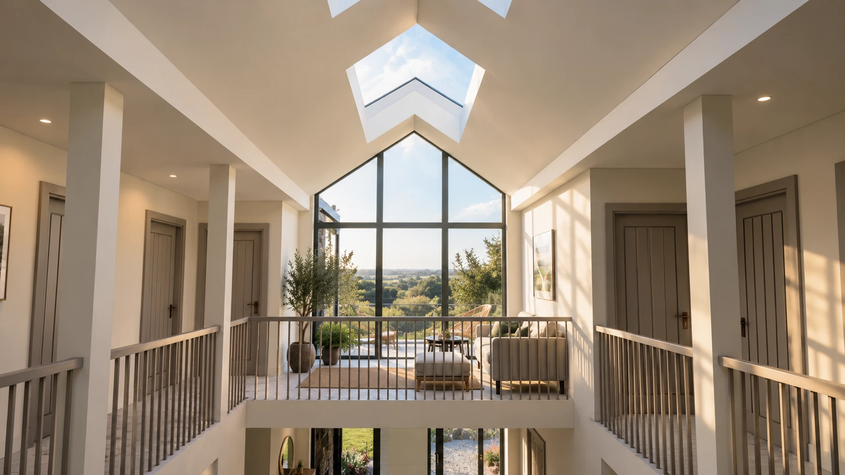 Double-height landing with glazed gable and rooflight bringing natural light into a West Lothian country house