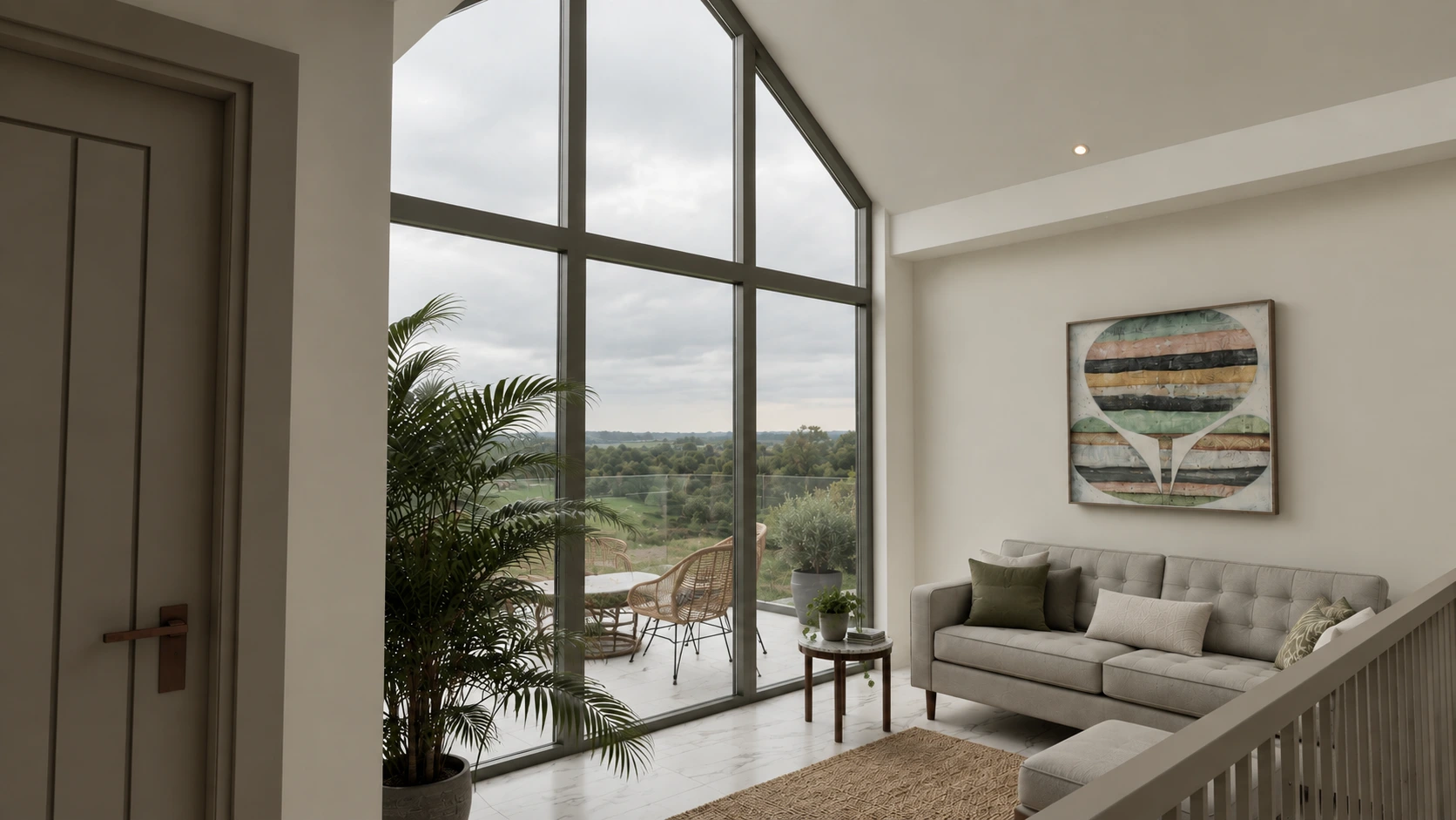 Upper-level sitting area overlooking the landscape through full-height glazing in a contemporary country house