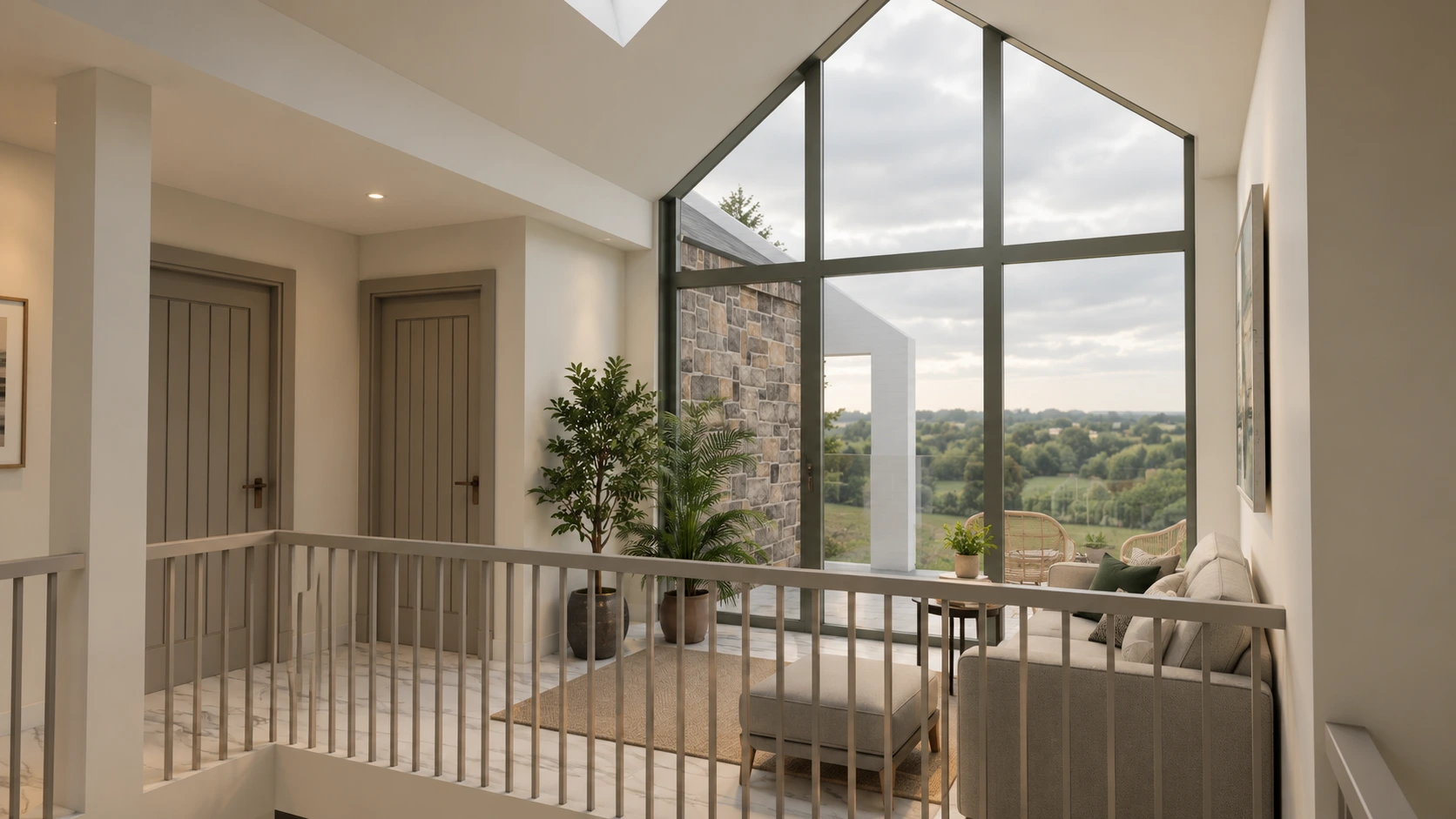 Upper-level sitting area overlooking the landscape through full-height glazing in a contemporary country house