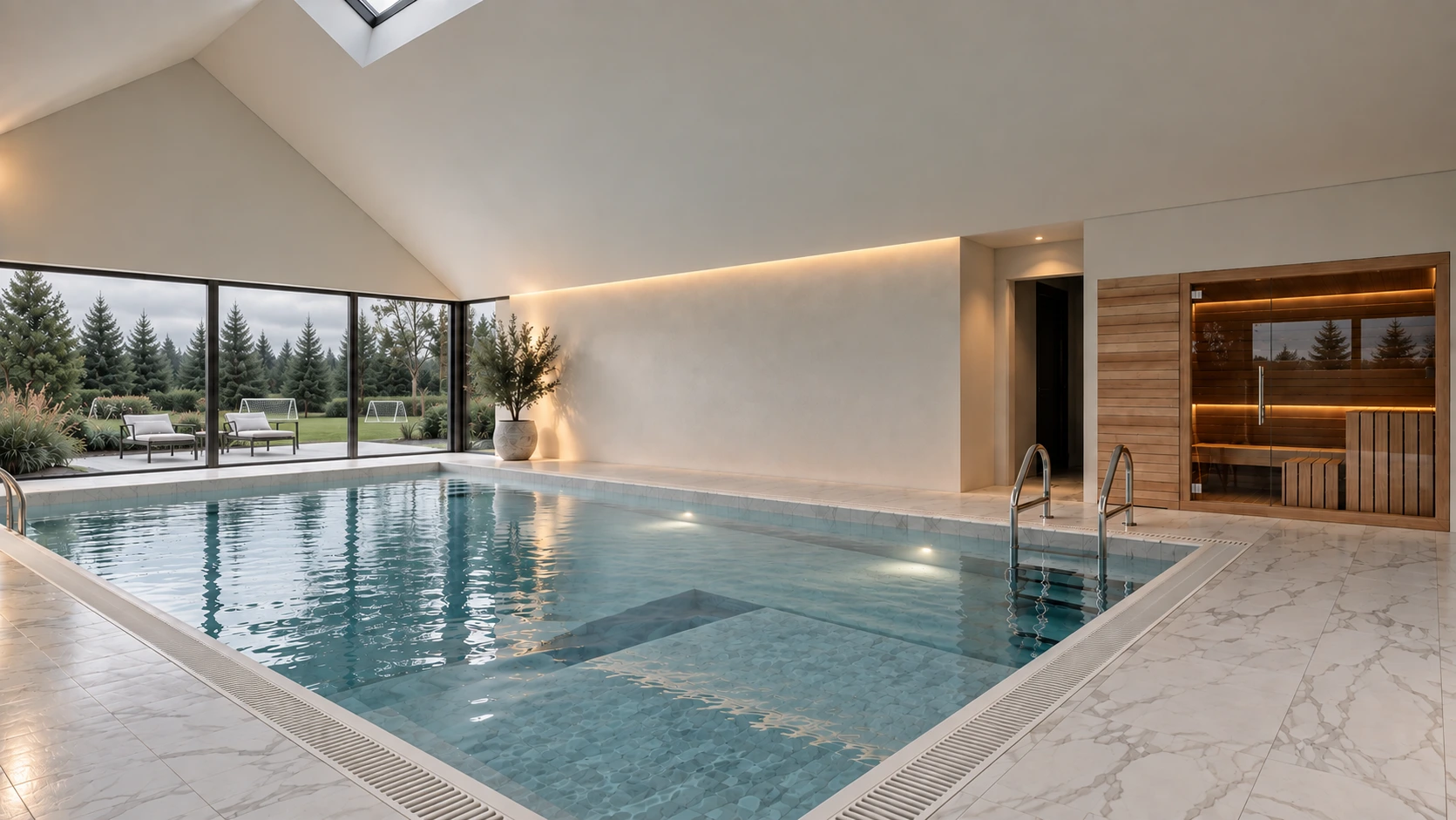 Indoor swimming pool and glazed garden elevation within a bespoke new-build country house in West Lothian