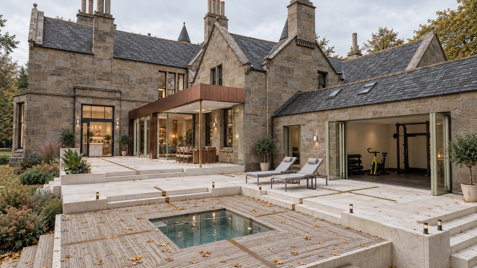 Contemporary extension to a period country mansion with stone terrace and outdoor pool in Lanarkshire