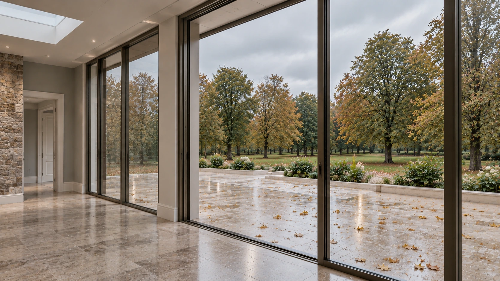 Light-filled interior of a country mansion extension with full-height glazing overlooking the garden