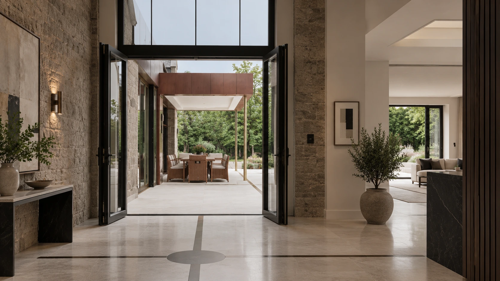 Interior view showing the connection between the refurbished period mansion and its contemporary glazed extension